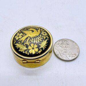 Vintage Gold Tone Round Damascene Bird Flower Trinket Metal Pill Snuff Box